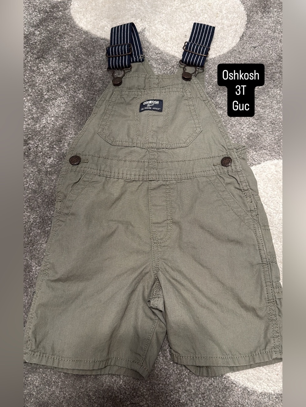 OshKosh B'gosh Olive Green Short Overalls with Navy Striped Straps